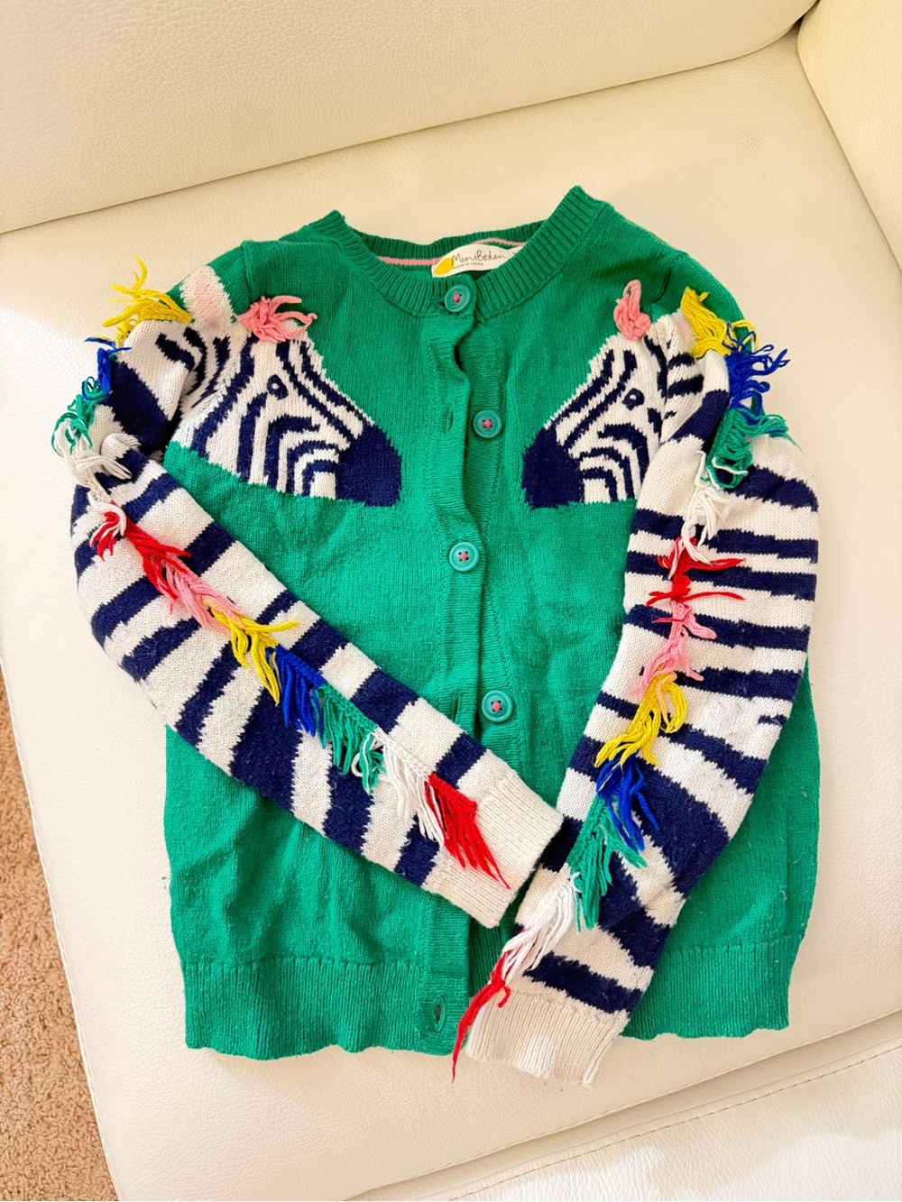 Mini Boden green knit cardigan with pink trim